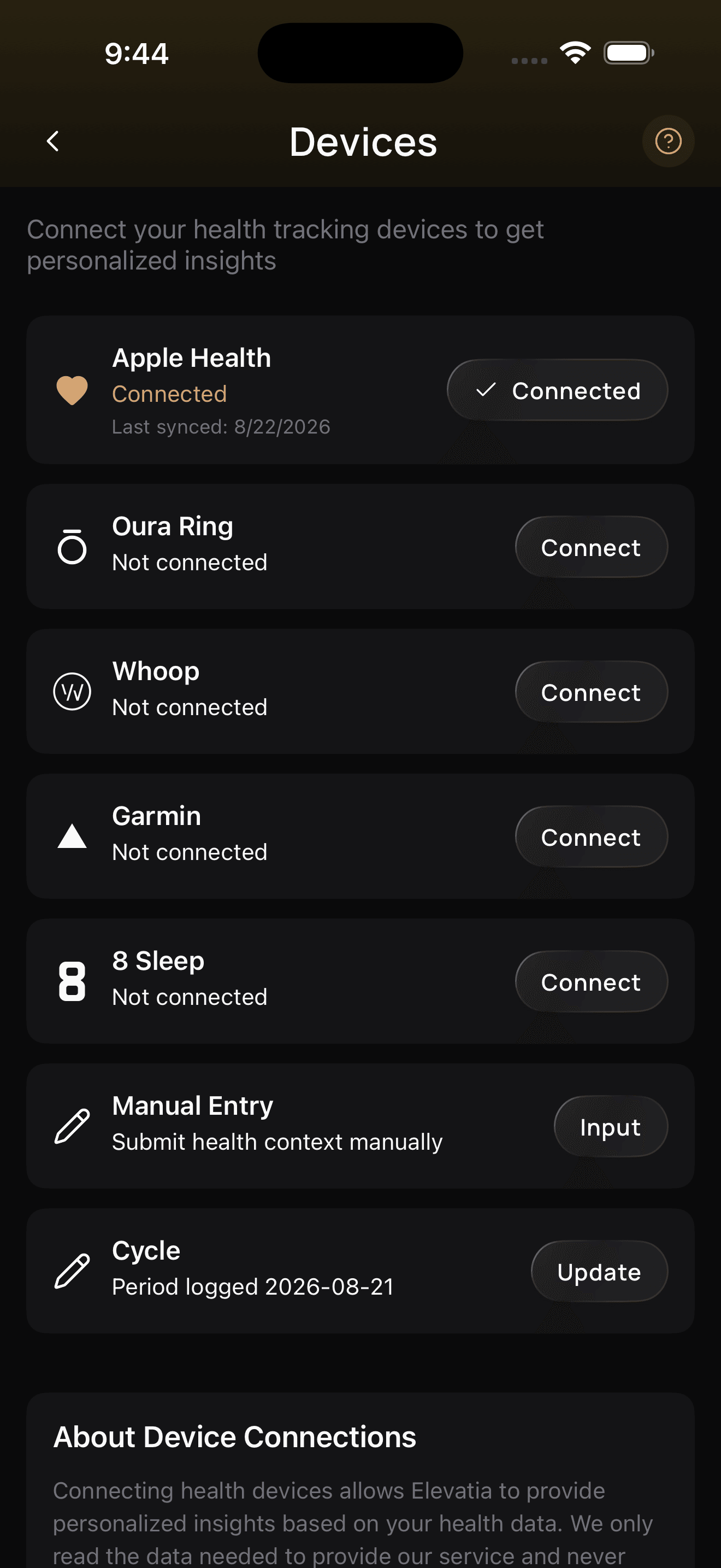 Elevatia Connect screen linking Apple Health, Oura, Whoop, and Garmin